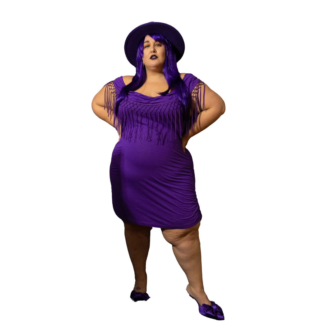 Purple Knee Length Off the Shoulder Dress with Macrame Detail NWT