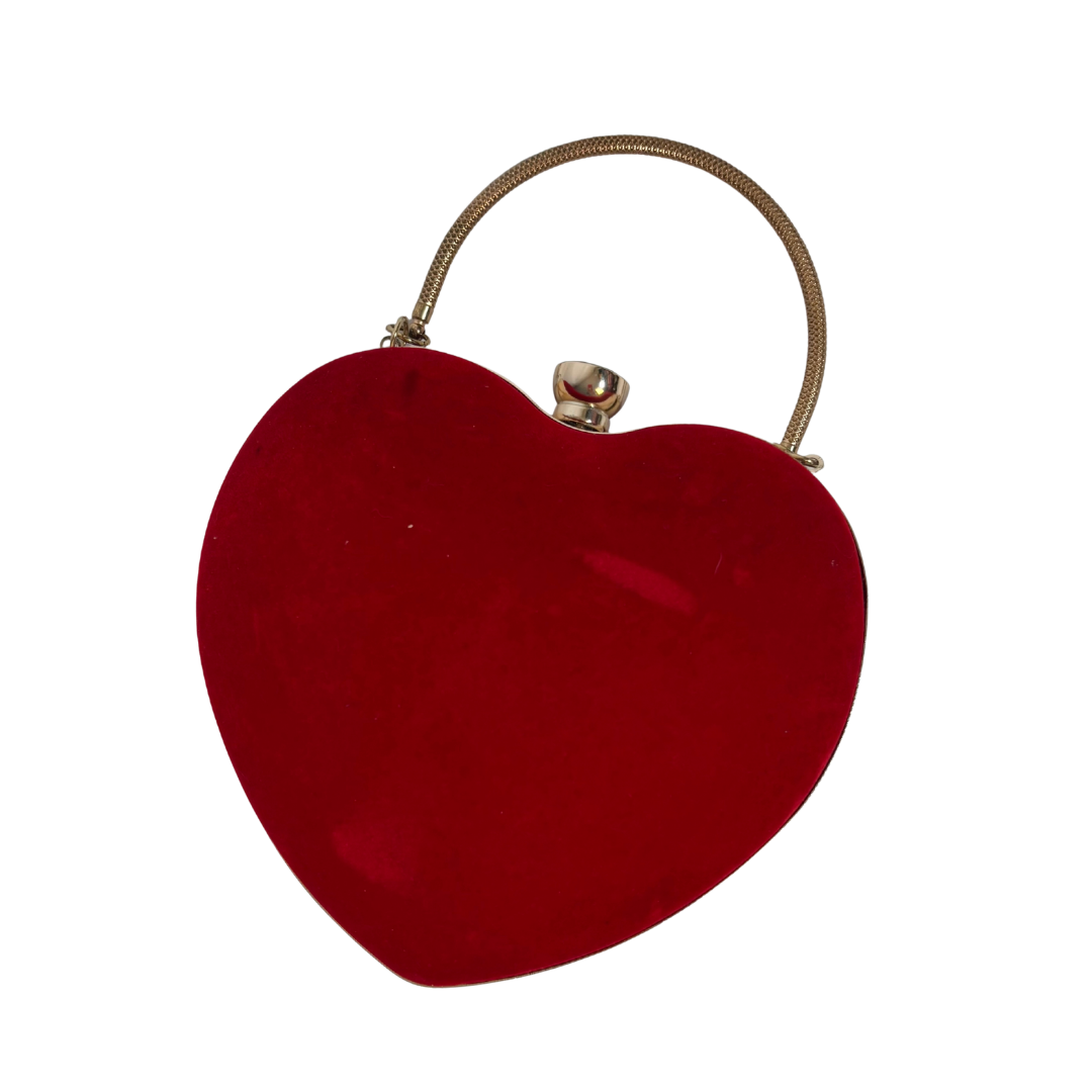 Red Velvet Heart Clamshell Bag with Gold/ Rhinestone Hardware