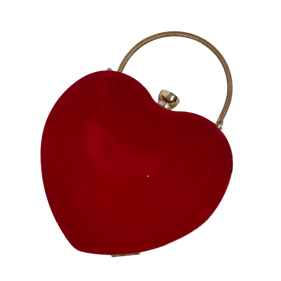 Red Velvet Heart Clamshell Bag with Gold/ Rhinestone Hardware