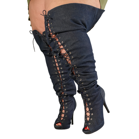 Denim Lace Up Thigh High Boots (11 Wide)