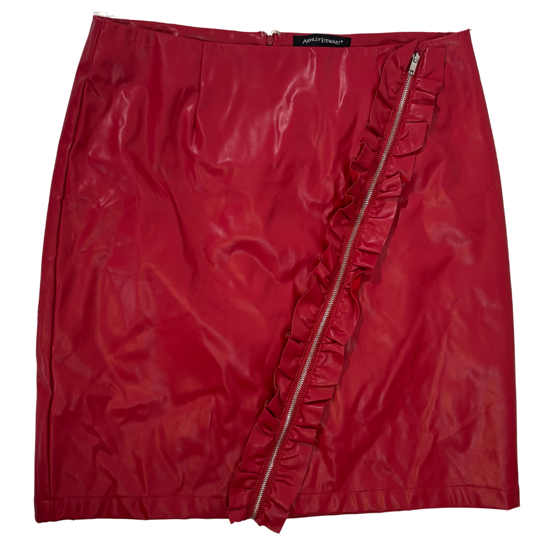 Red Faux Leather Pencil Skirt with Ruffle/Zipper Detail