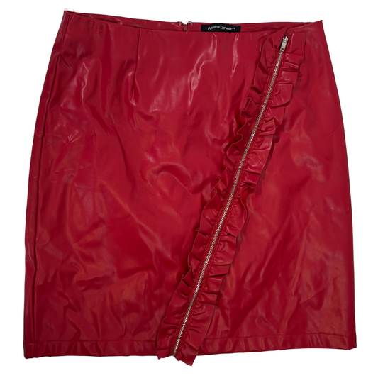 Red Faux Leather Pencil Skirt with Ruffle/Zipper Detail