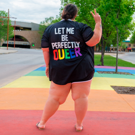 "Let Me Be Perfectly Queer" Black Mesh Jersey Top