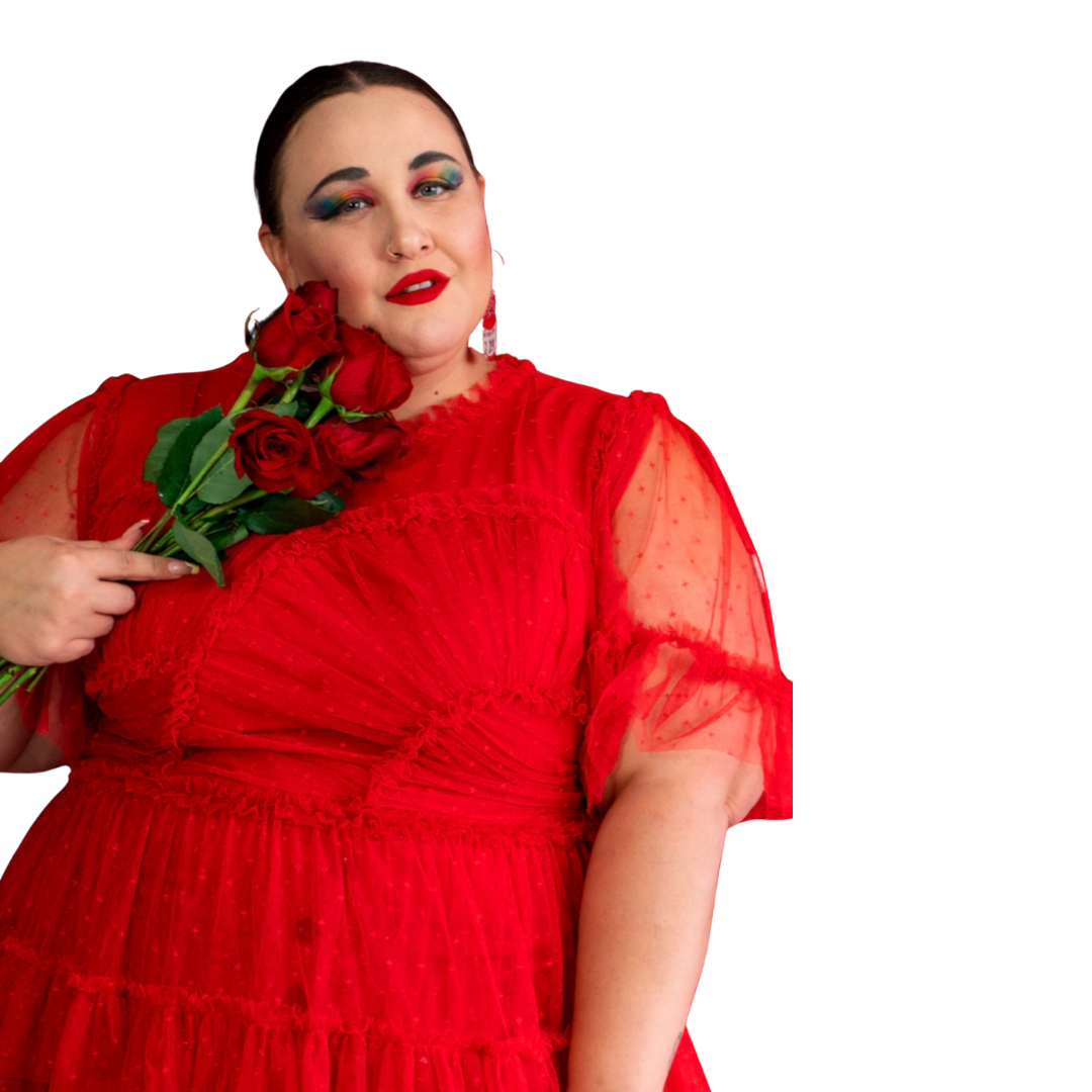 Red Dobby Mesh Dress with Pleating Details