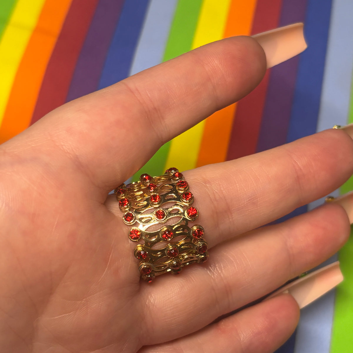 Gold-Toned Expandable Ring with Red Stones
