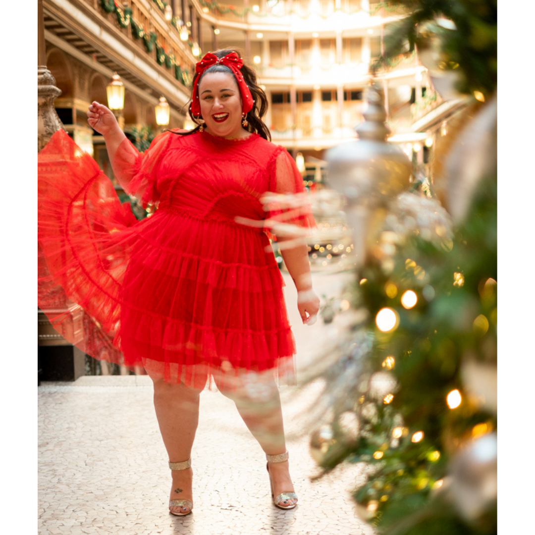 Red Dobby Mesh Dress with Pleating Details