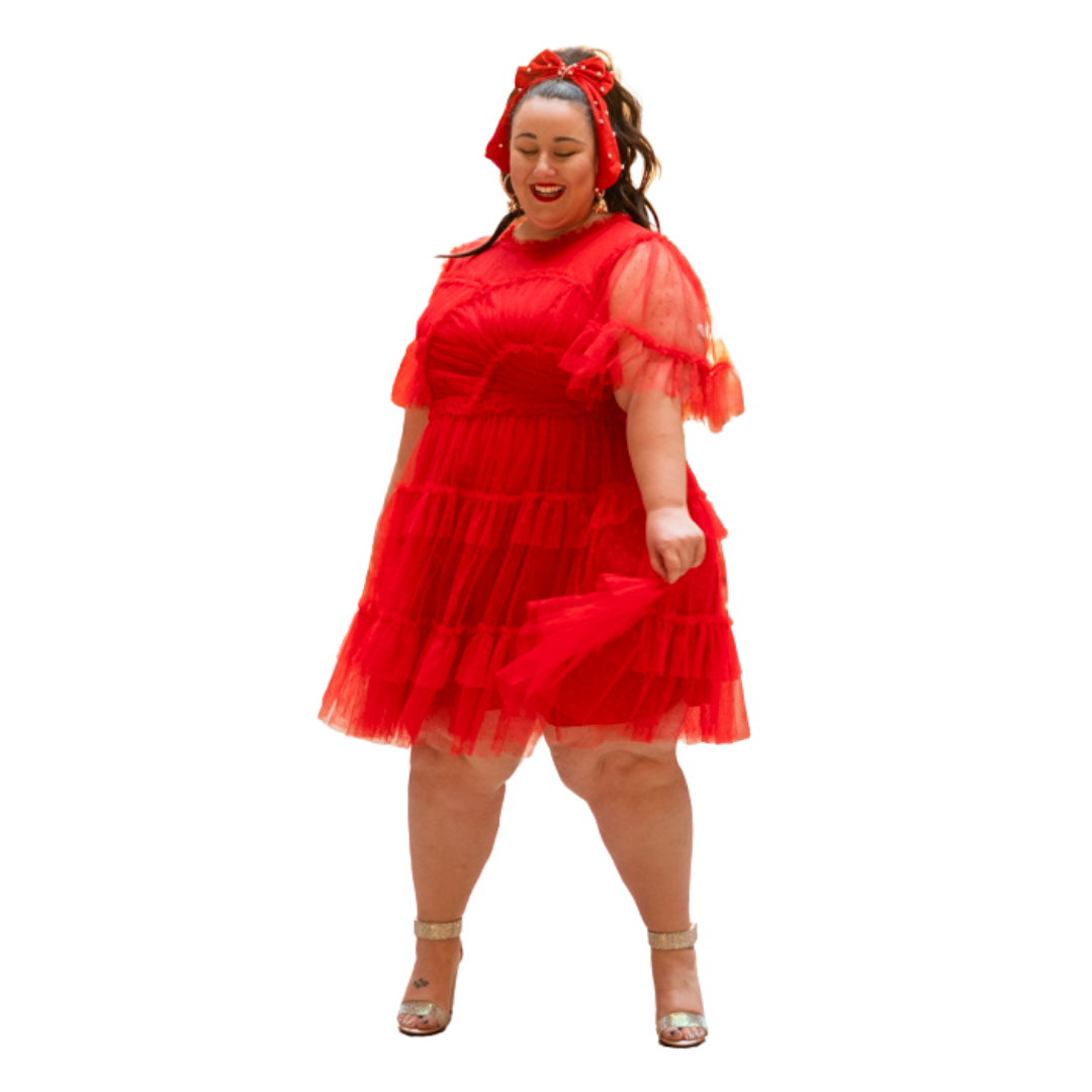 Red Dobby Mesh Dress with Pleating Details