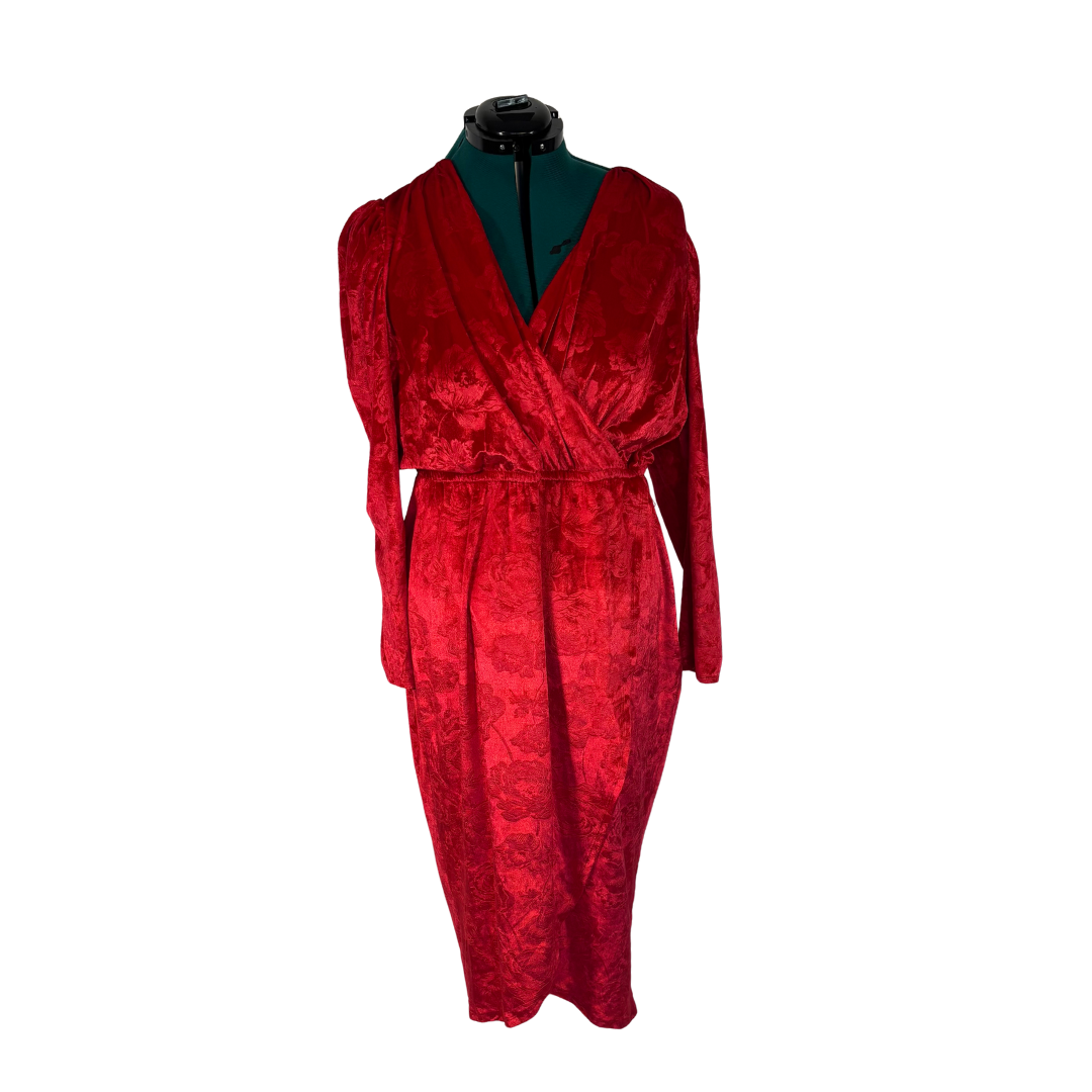 Red Velvet Faux Wrap Dress with Embossed Rose Pattern