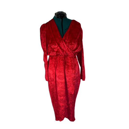 Red Velvet Faux Wrap Dress with Embossed Rose Pattern