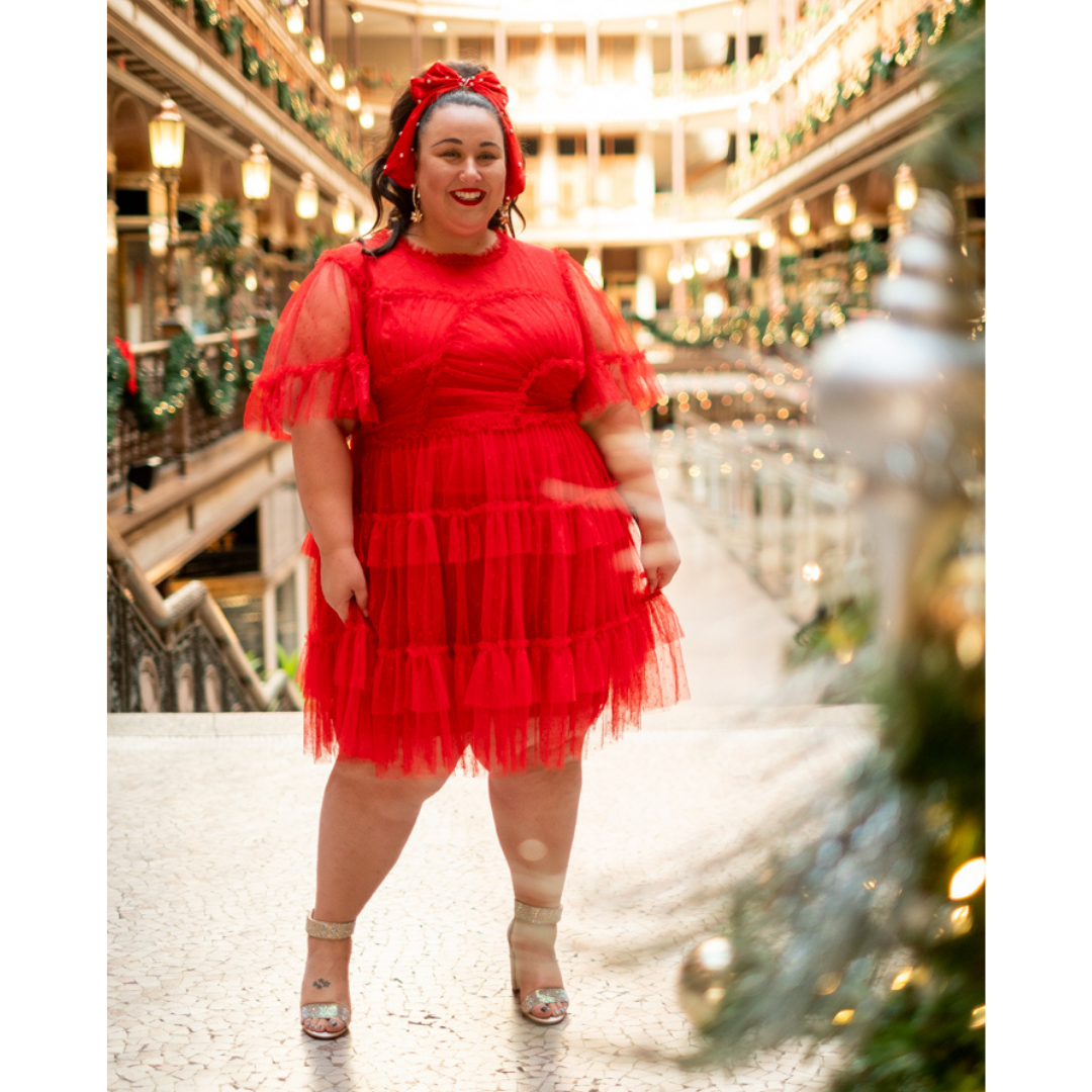 Red Dobby Mesh Dress with Pleating Details