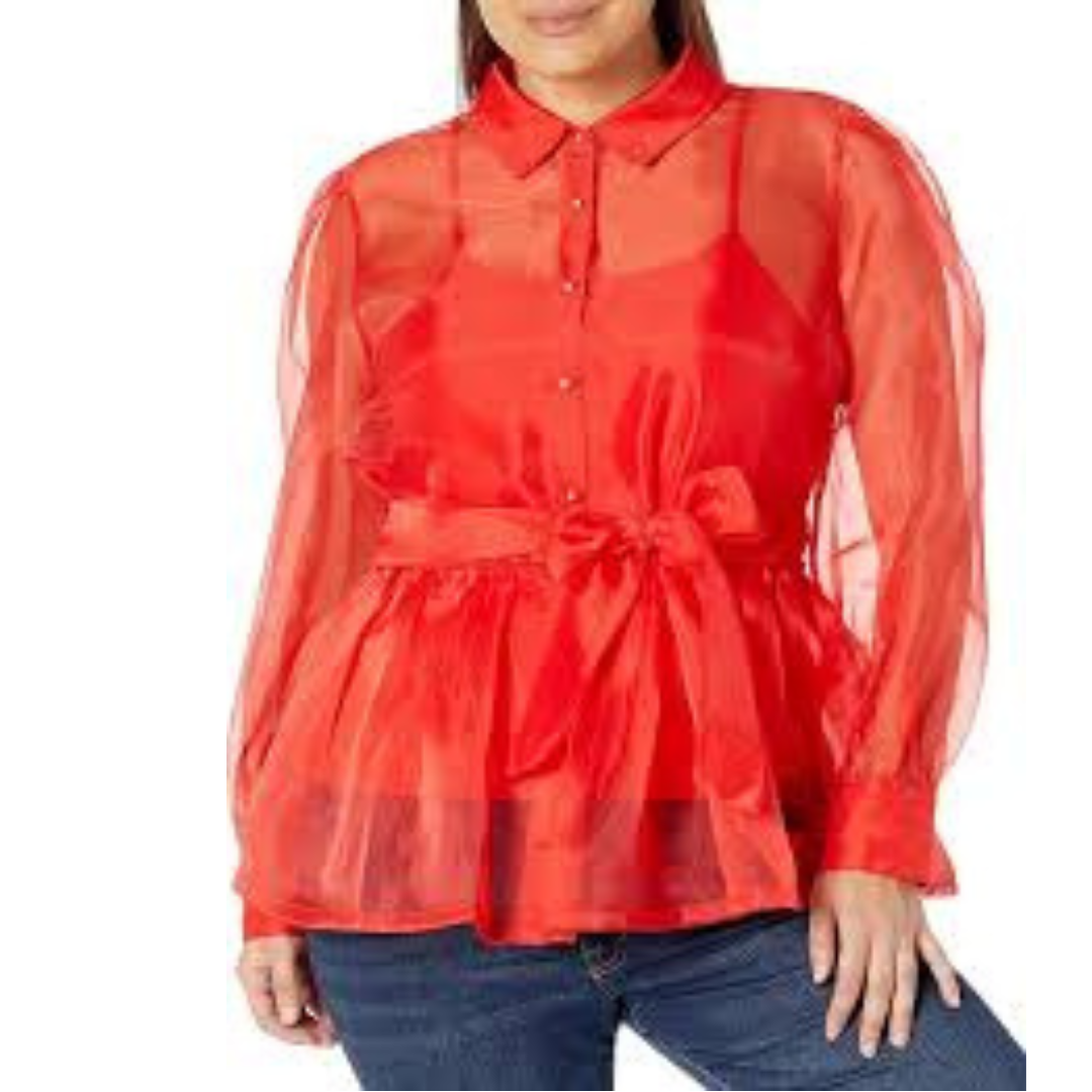 Red Mesh Puff Sleeve Peplum Button Down