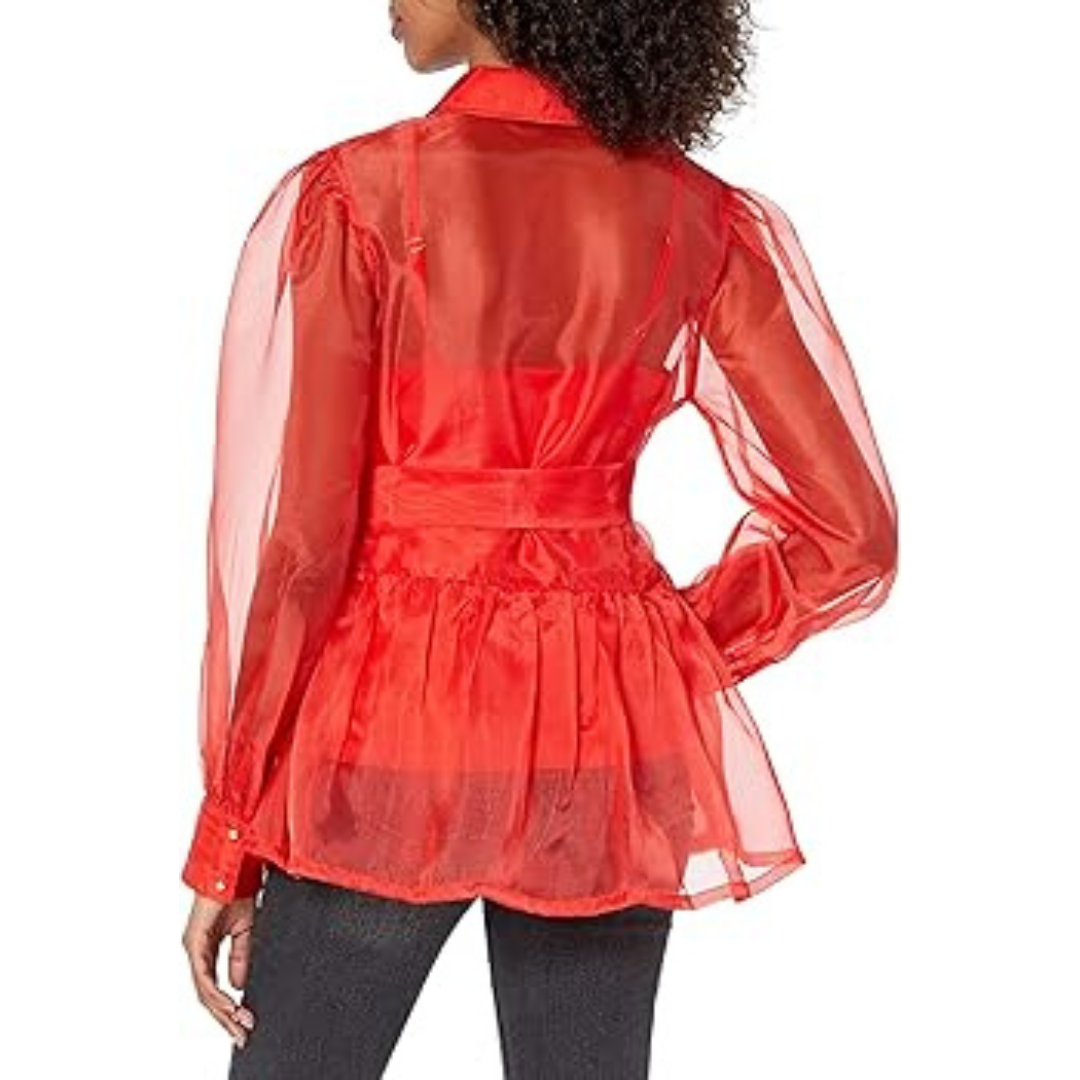 Red Mesh Puff Sleeve Peplum Button Down