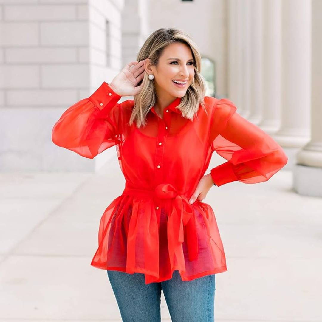 Red Mesh Puff Sleeve Peplum Button Down