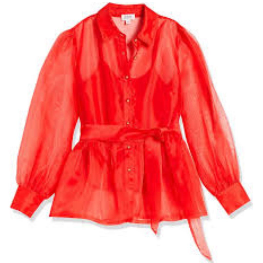Red Mesh Puff Sleeve Peplum Button Down