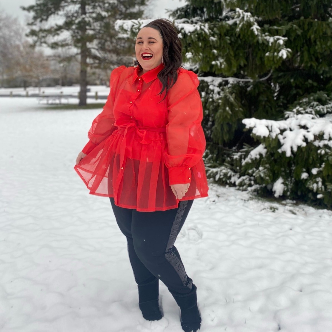 Red Mesh Puff Sleeve Peplum Button Down