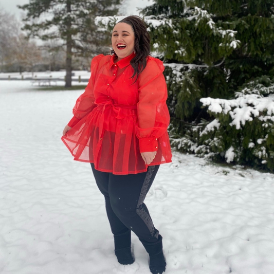 Red Mesh Puff Sleeve Peplum Button Down