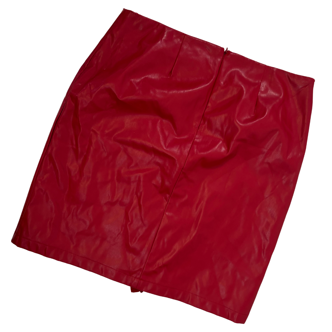 Red Faux Leather Pencil Skirt with Ruffle/Zipper Detail