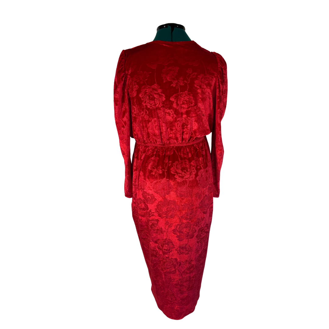 Red Velvet Faux Wrap Dress with Embossed Rose Pattern