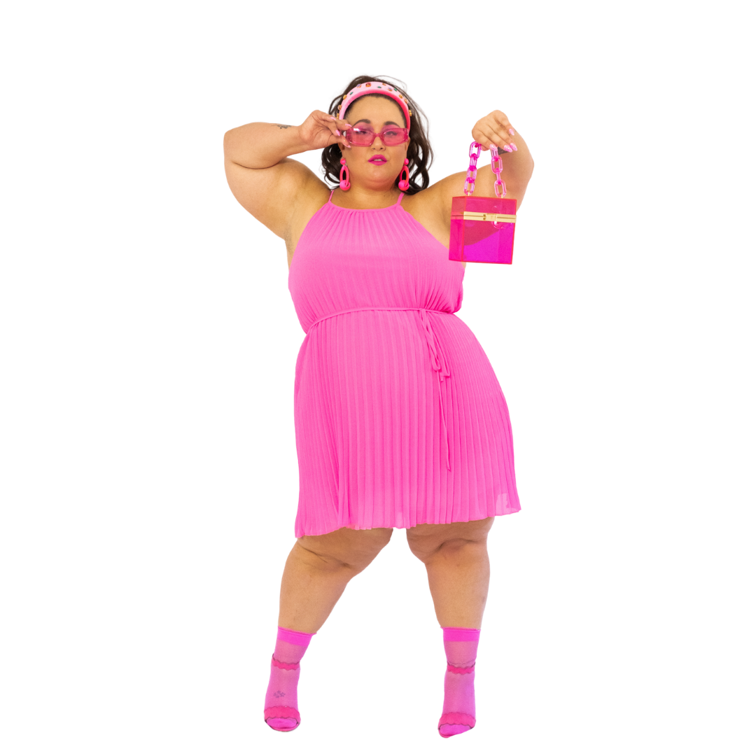 Pink Pleated High Neck Mini Dress