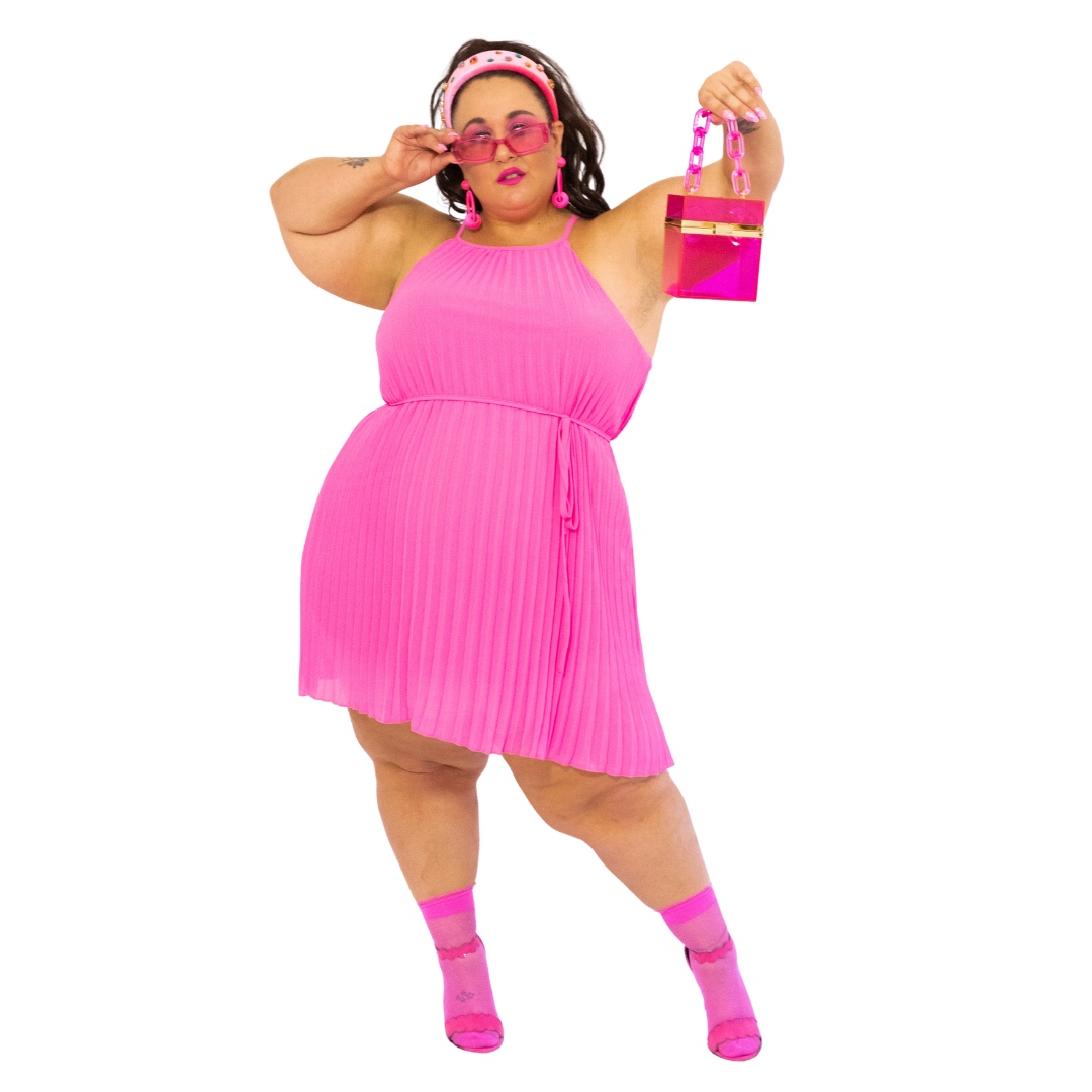 Pink Pleated High Neck Mini Dress