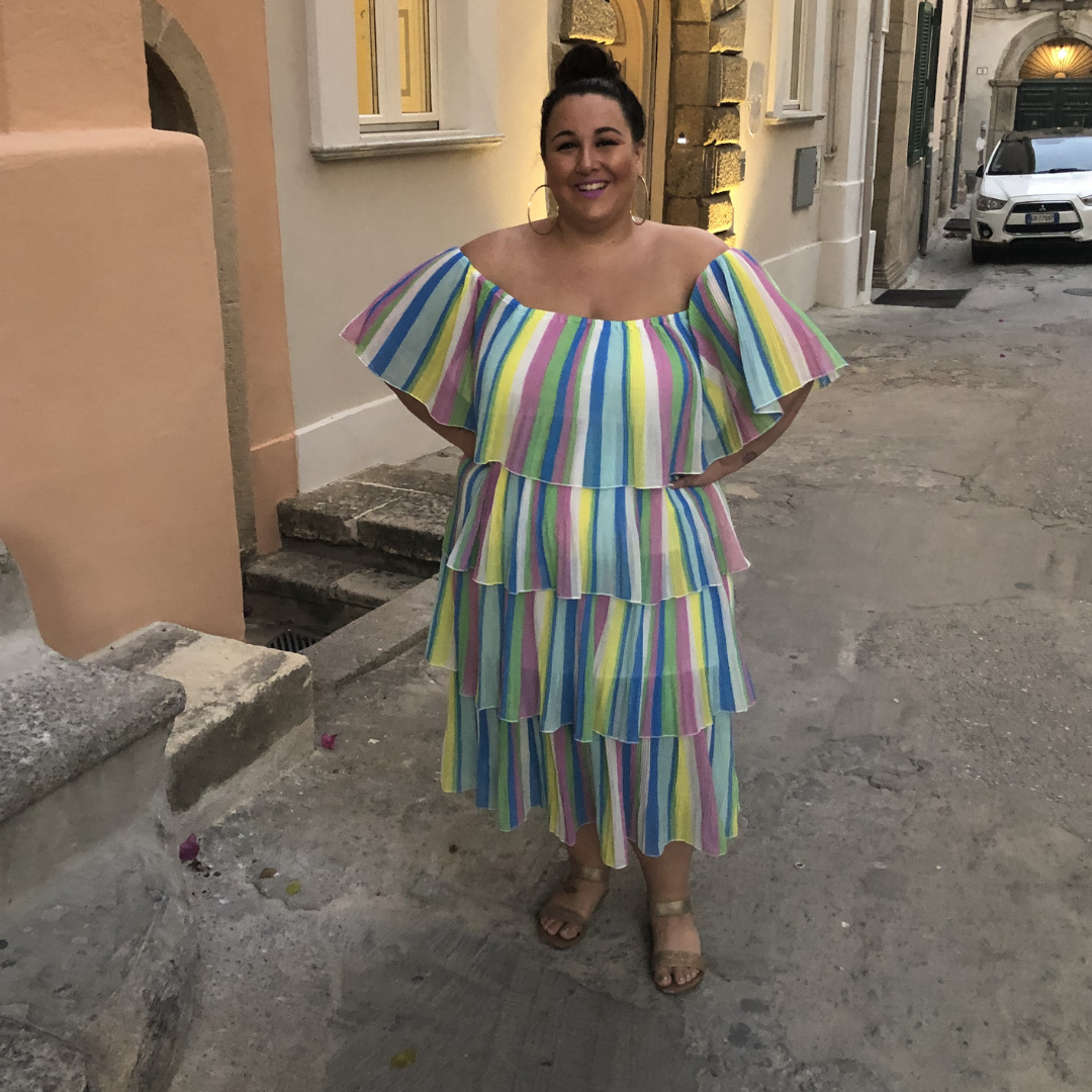 Cool-Toned Rainbow Stripe Tiered Ruffle Midi Dress