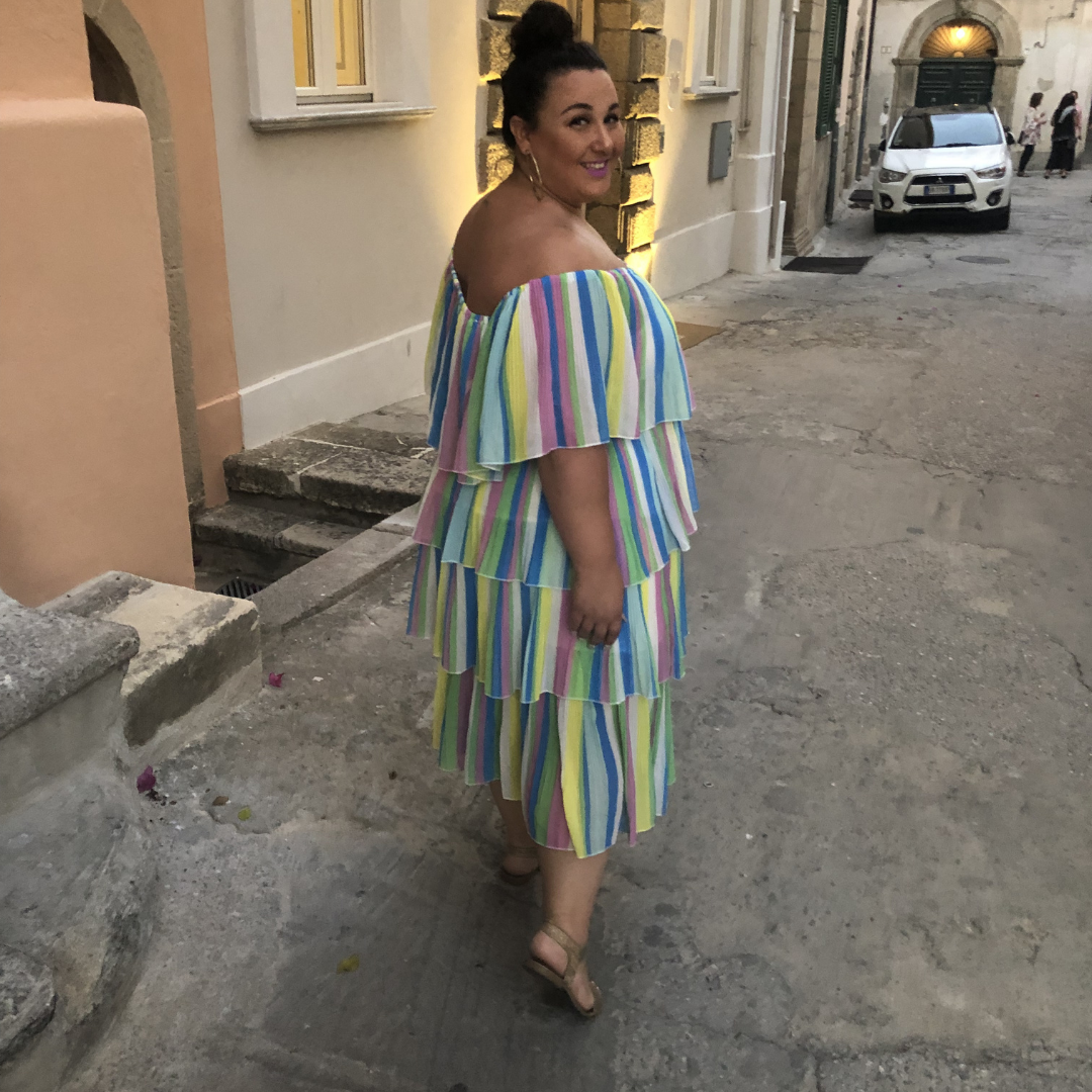 Cool-Toned Rainbow Stripe Tiered Ruffle Midi Dress