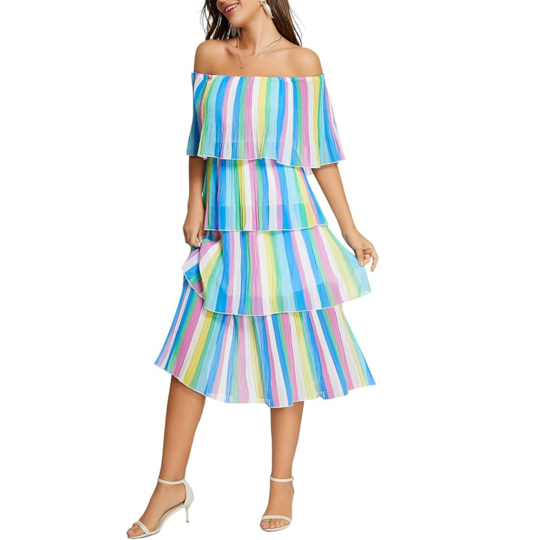Cool-Toned Rainbow Stripe Tiered Ruffle Midi Dress