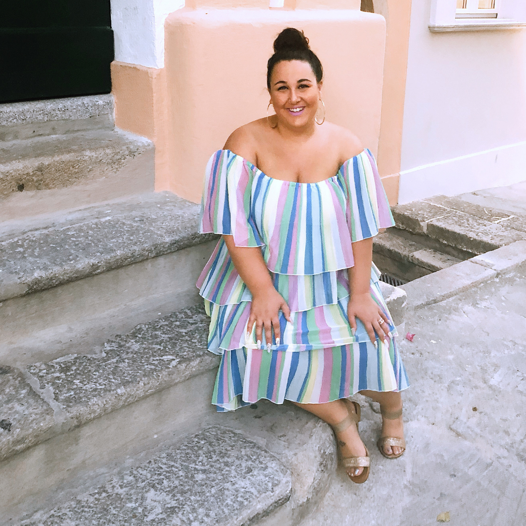 Cool-Toned Rainbow Stripe Tiered Ruffle Midi Dress