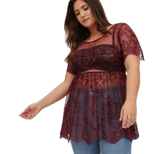 Torrid Burgundy Sheer Lace Babydoll Top NWT