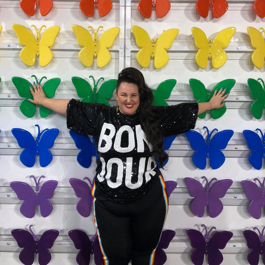 Black and White Sequin "Bonjour" Graphic Tee