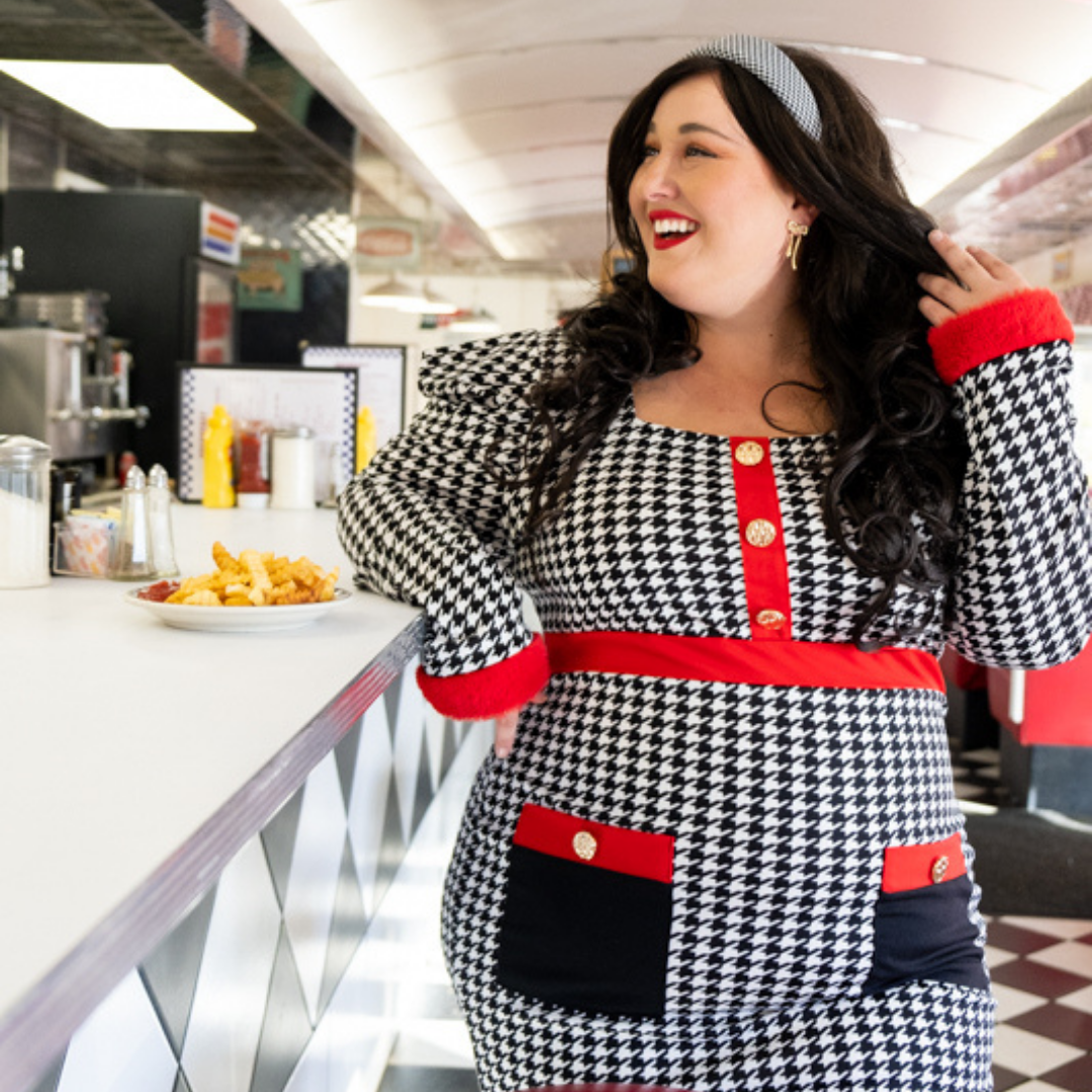 Houndstooth Long Sleeve Mini Dress with Red and Red Fur Details NWT