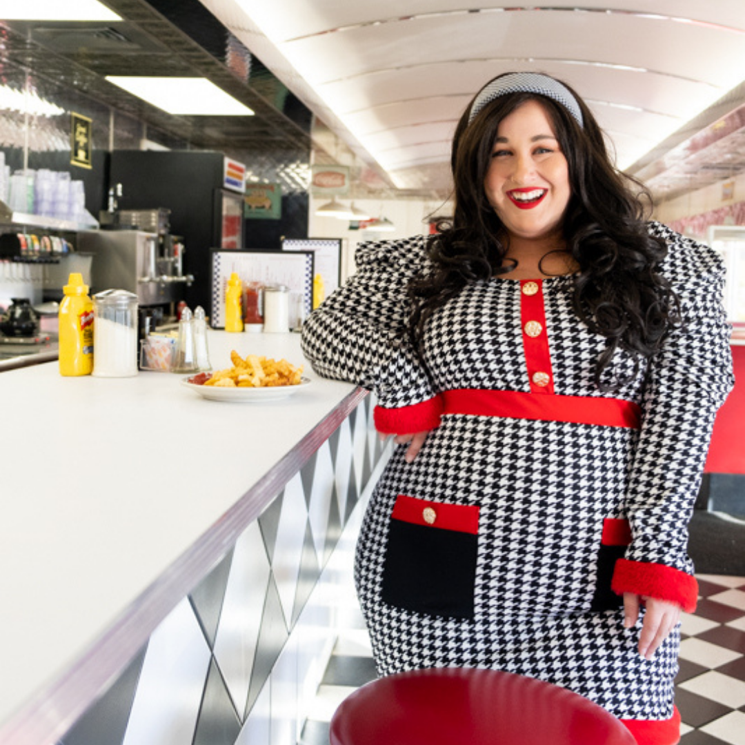 Houndstooth Long Sleeve Mini Dress with Red and Red Fur Details NWT