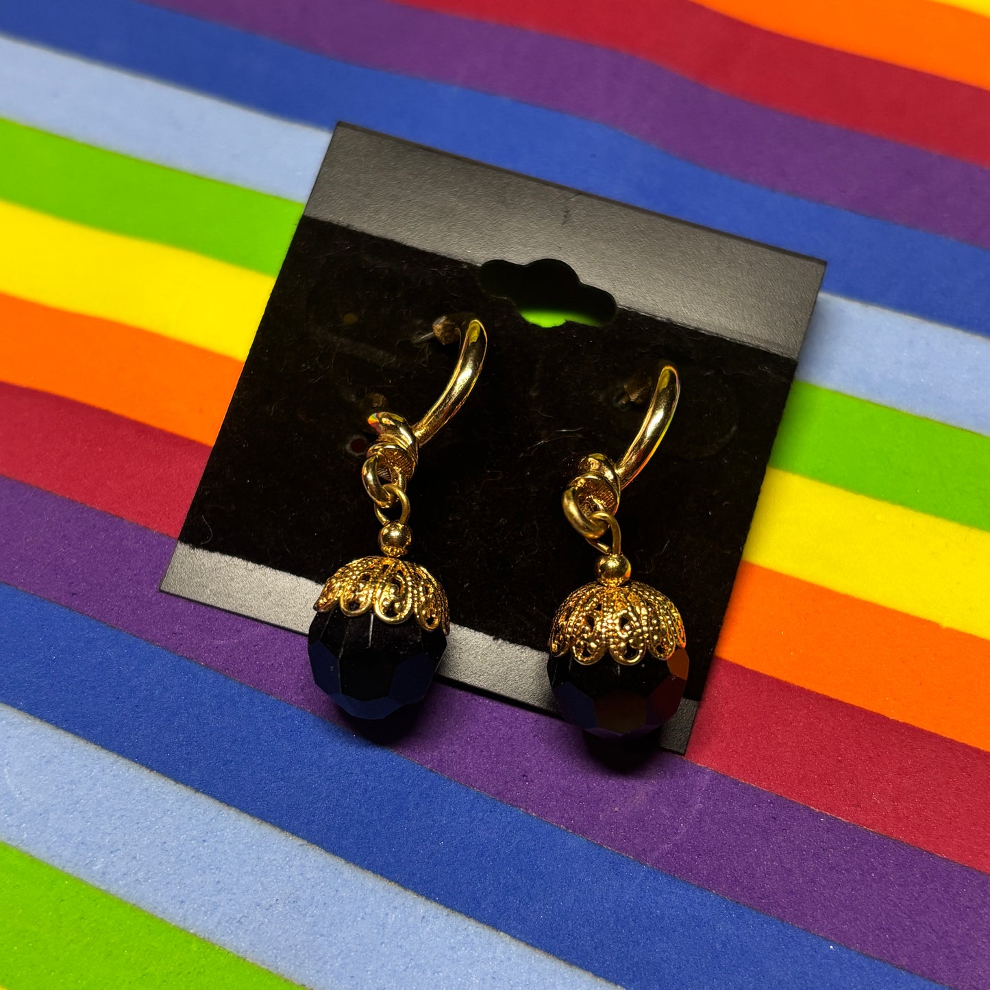 Vintage Black and Gold Post Back Hoop Earrings