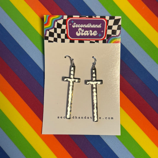 Silver Hammered Cross Earrings