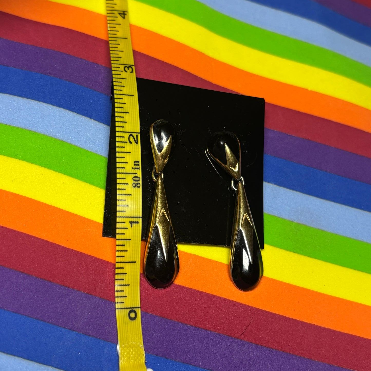 Vintage Signed Monet Gold Tear Drop Dangle Earrings with Black Stones