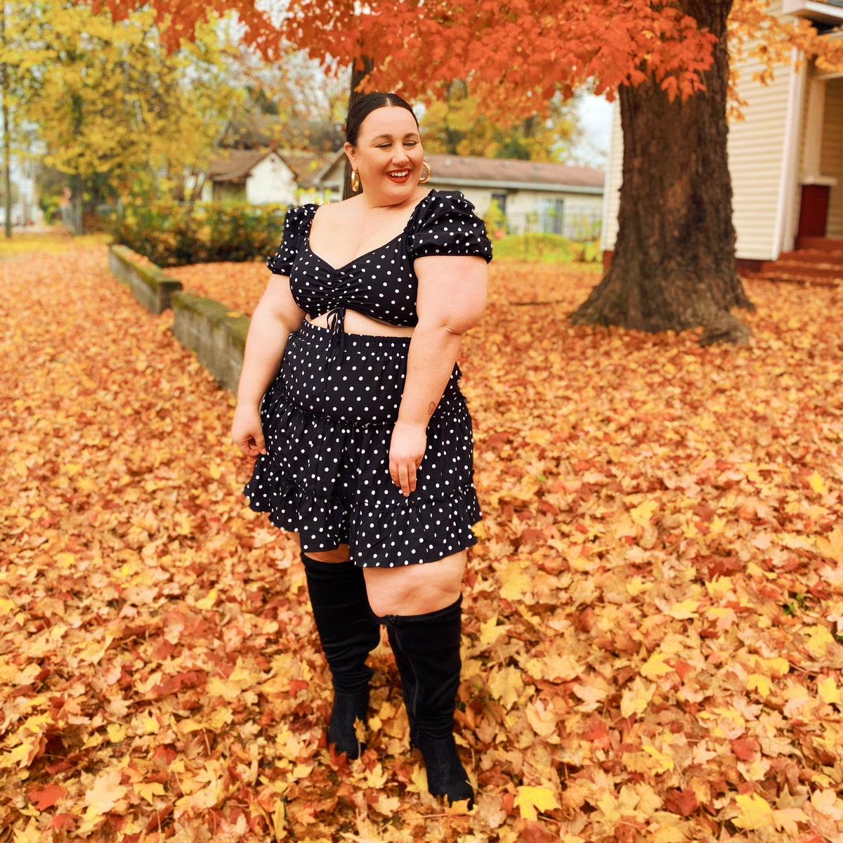 Black and White Polka Dot Tiered Ruffle Mini Skirt