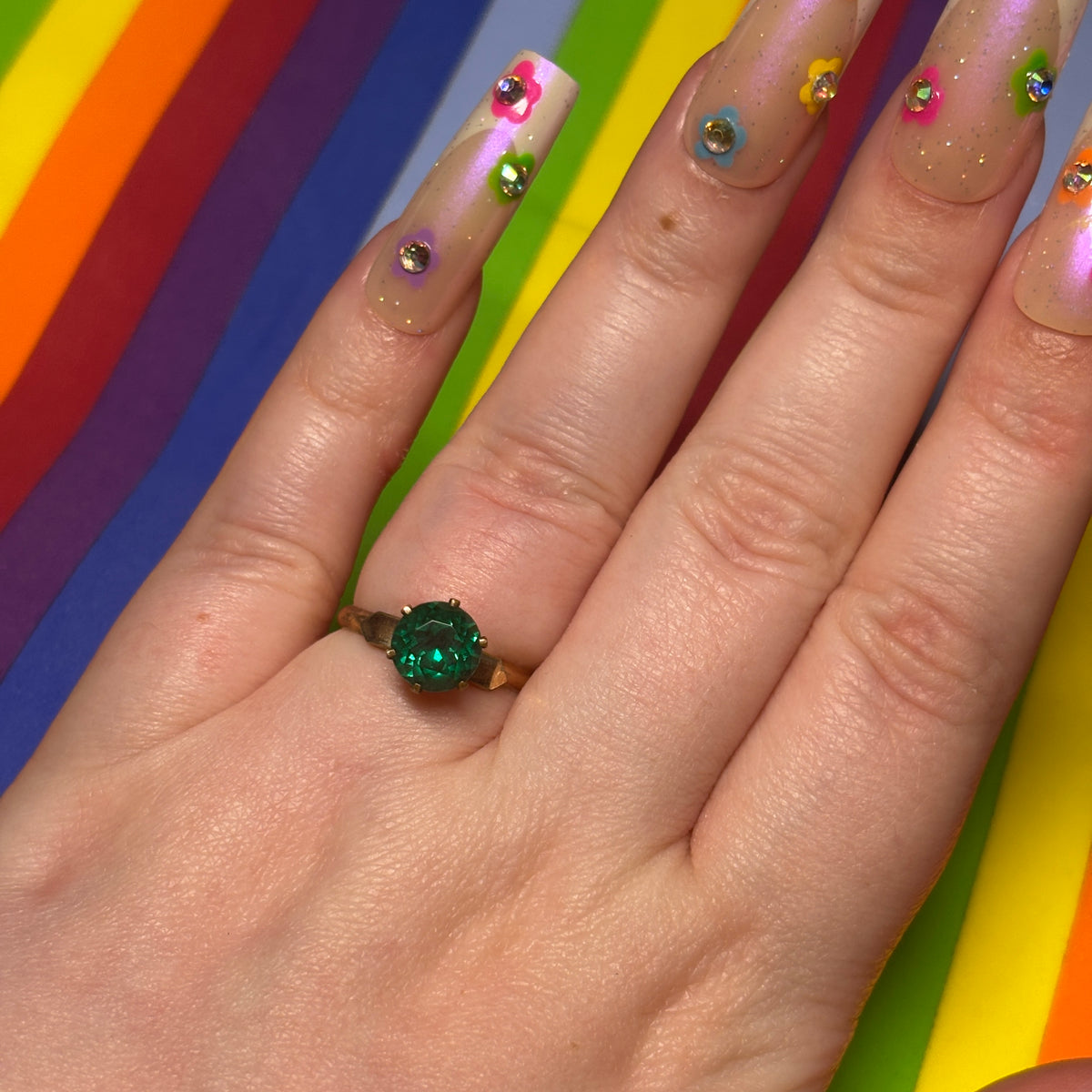 Gold Tone Ring with Emerald Stone