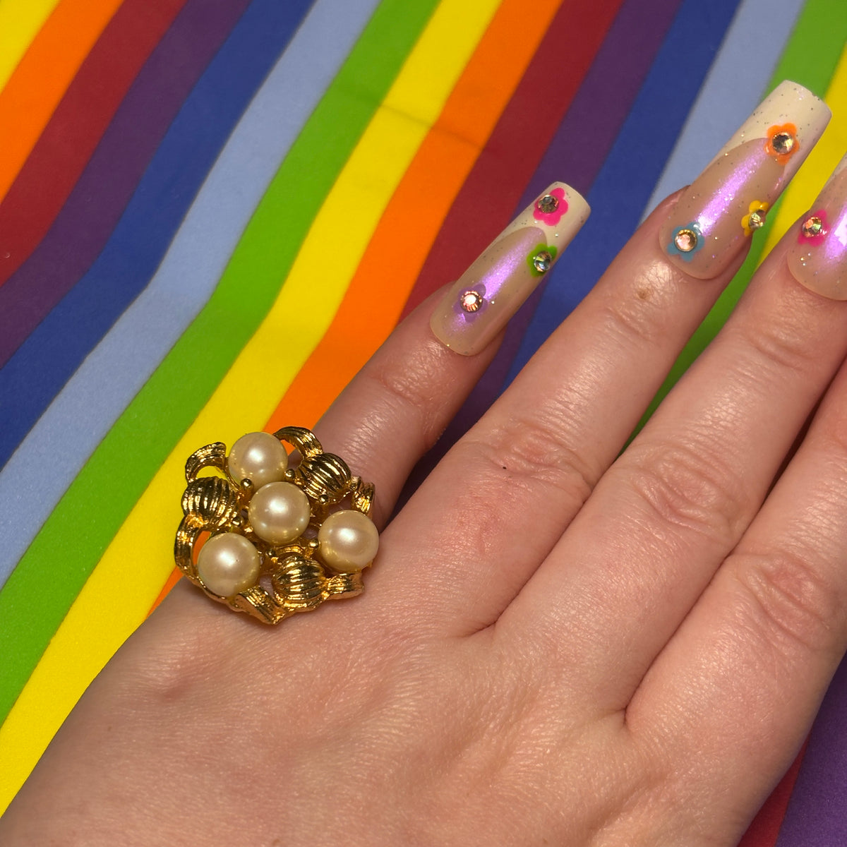 Gold Flower Pearl Ring