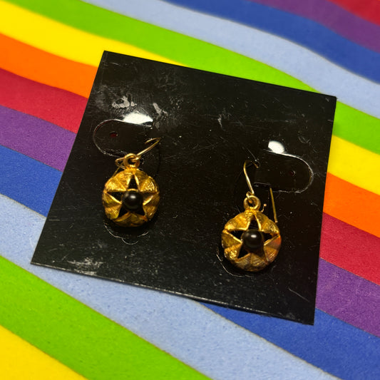 Vintage Gold Circle Drop Earrings with Black Star Detail