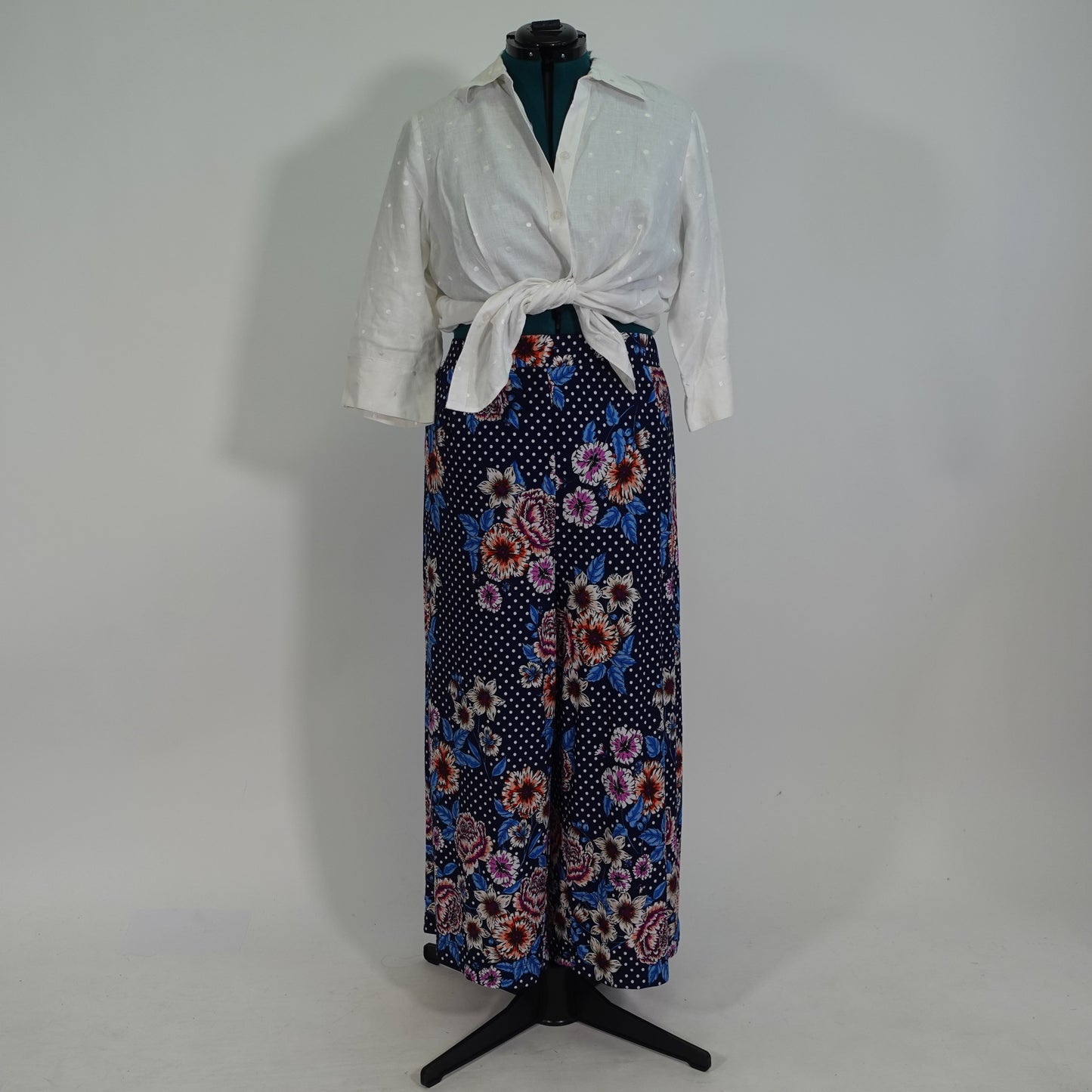 Blue Floral Polka Dot Wide Leg Pull-On Pants