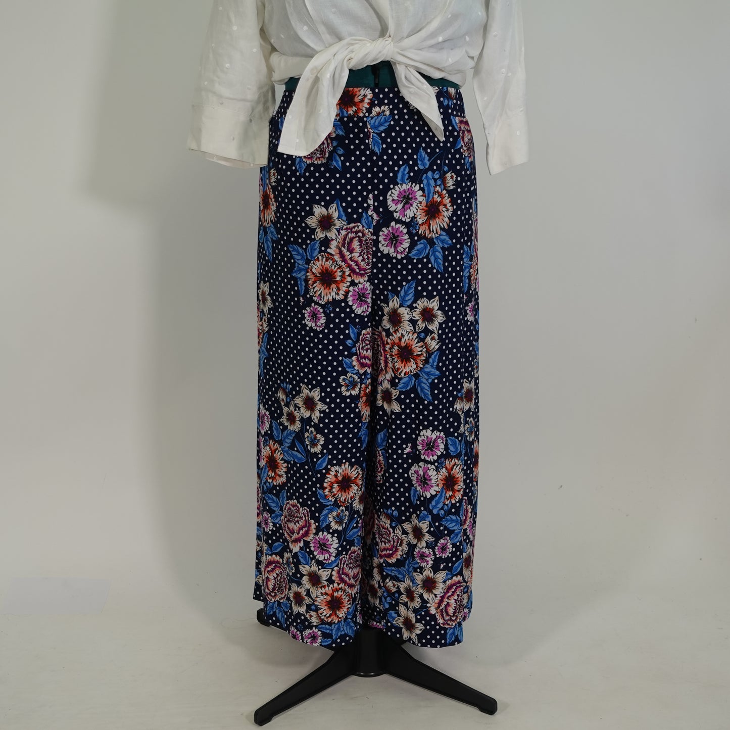 Blue Floral Polka Dot Wide Leg Pull-On Pants