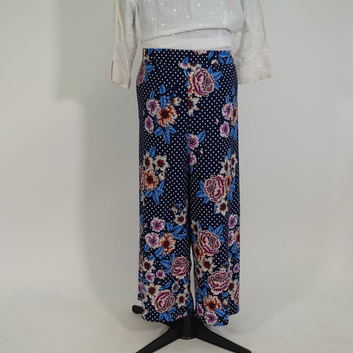 Blue Floral Polka Dot Wide Leg Pull-On Pants