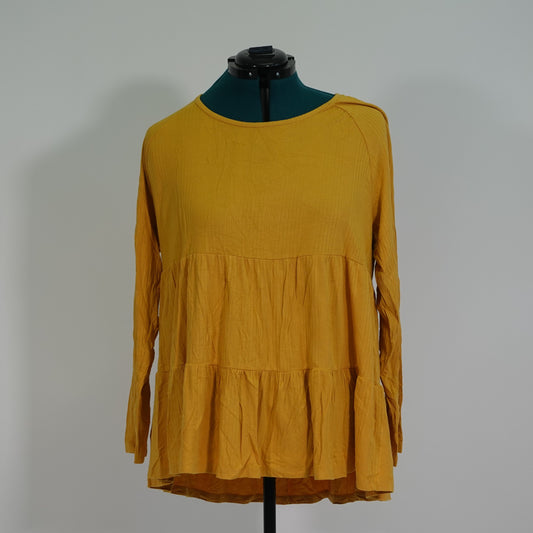 Yellow Ribbed Tiered Ruffle Long Sleeve Shirt