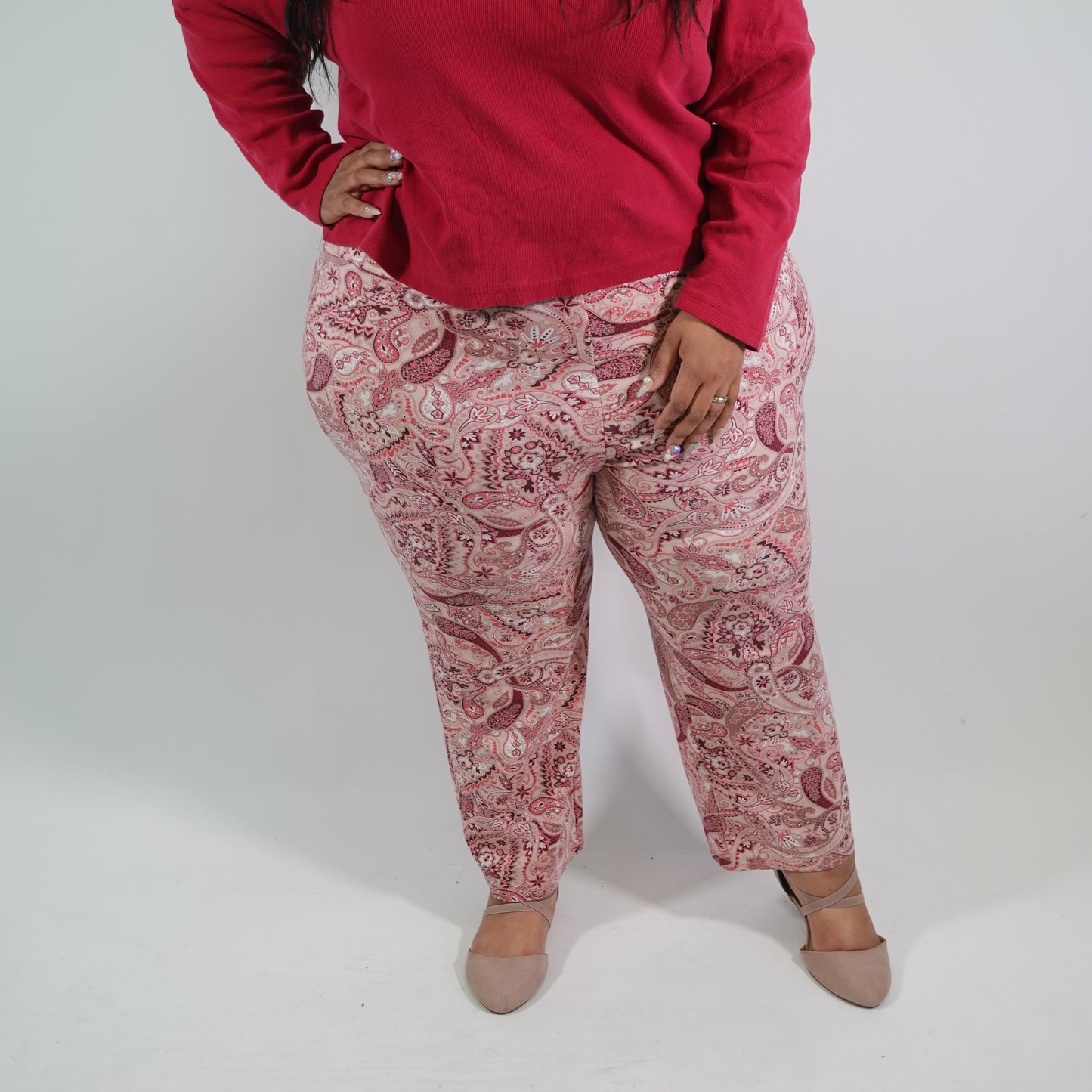 Pink Paisley Print Boot Cut Pull On Pants