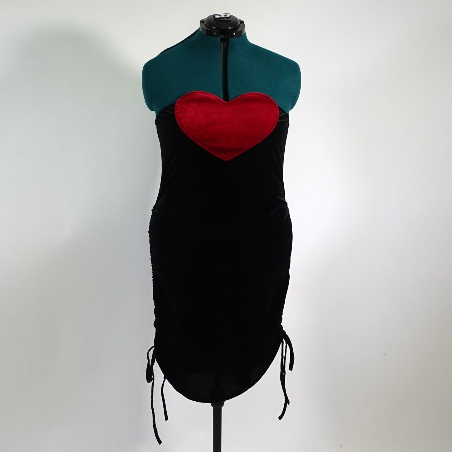 Black Velvet Bodycon Drawstring Dress with Red Heart
