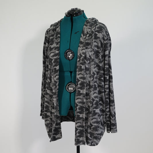 Gray Camo Print Open Front Cardigan with Hood