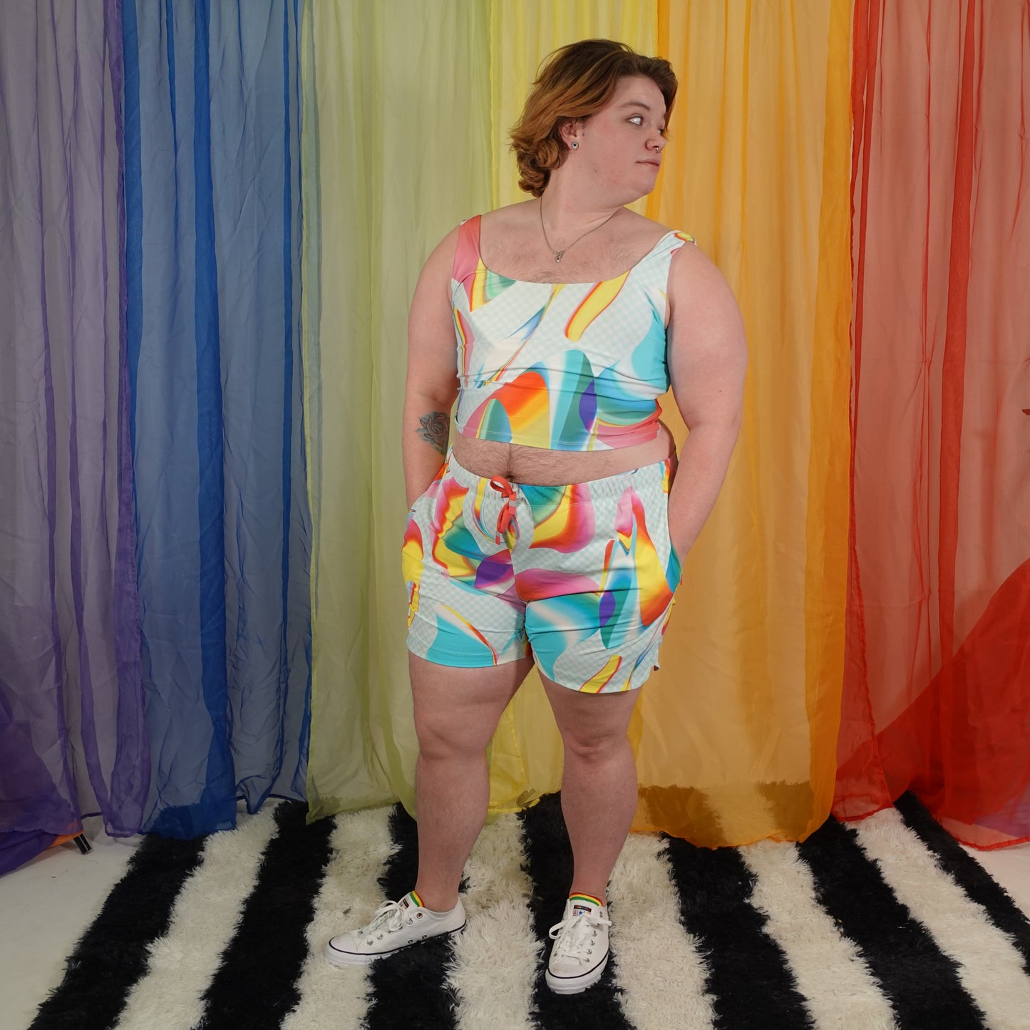 Fabletics Blue Checker Print and Rainbow Athletic Shorts