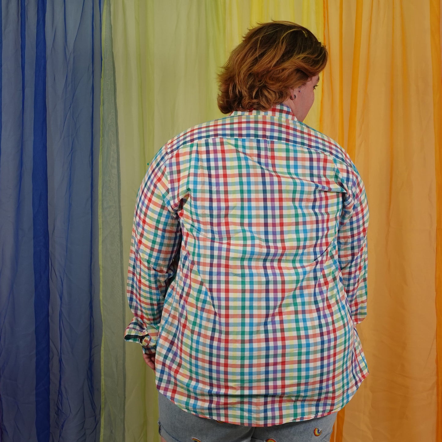 Rainbow Plaid Button Front Top