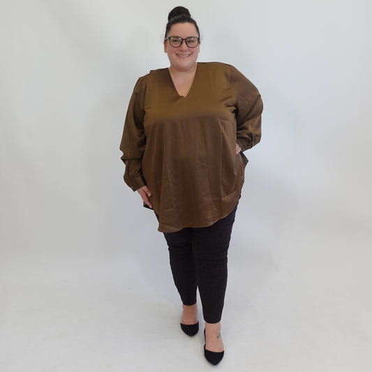 Brown Satin Long Sleeve V Neck Top NWT