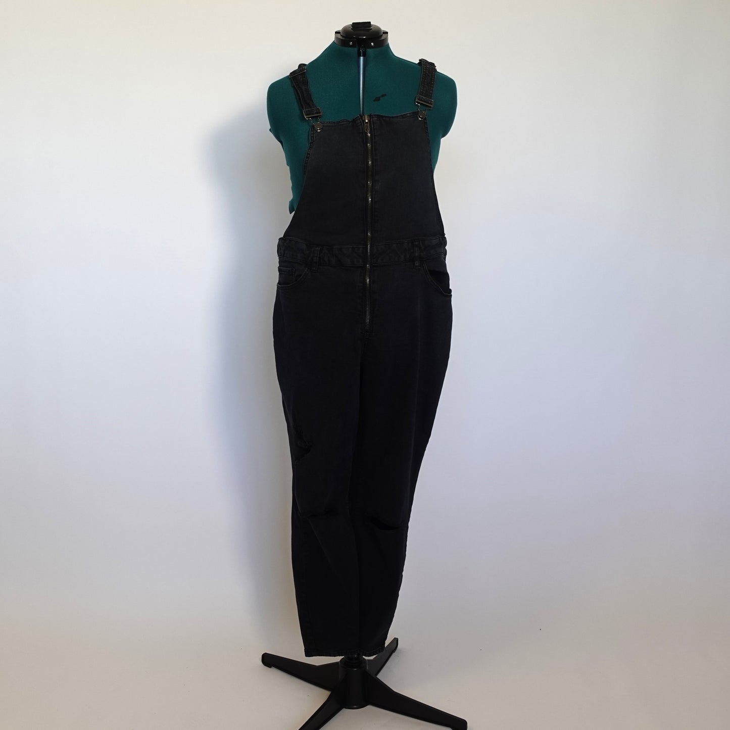 Faded Black Zip Front Denim Overalls